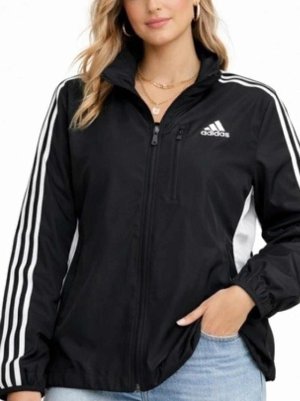Adidas Women's Black Hooded Windbreaker Jacket with White Stripes ~ Size Medium
